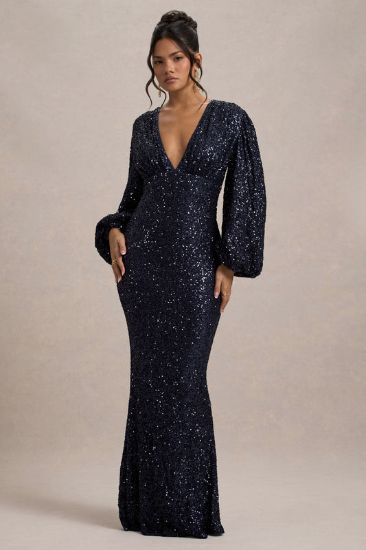 Kaelin | Navy Sequin Plunge-Neck Maxi Dress
