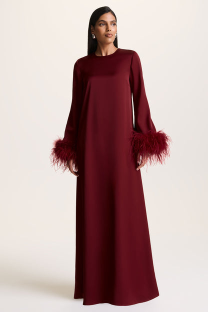Adella | Burgundy Satin Feather-Trim Maxi Dress