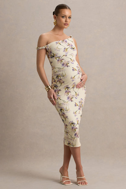 Salome | Lemon Floral Print Floral Print Twisted Asymmetric Maternity Midi Dress