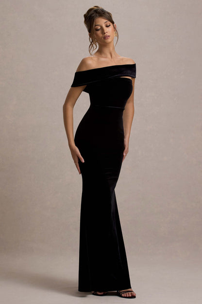 Candela | Black Velvet Asymmetric Bardot Maxi Dress