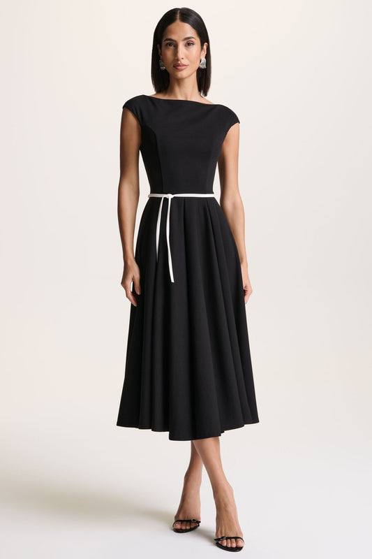 Nataline | Black Round-Neck Midi Dress With White Belt-Detail
