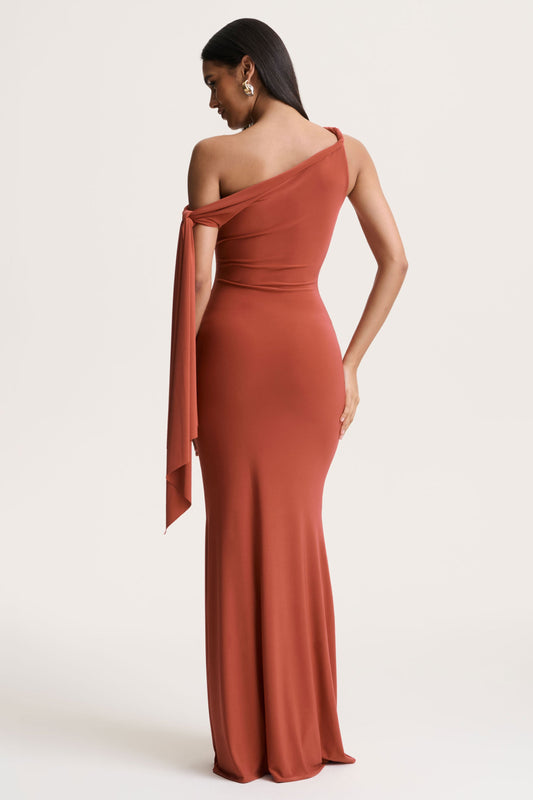 Vista | Rust Asymmetric-Neck Maxi Dress With Knot-Sleeve Detail