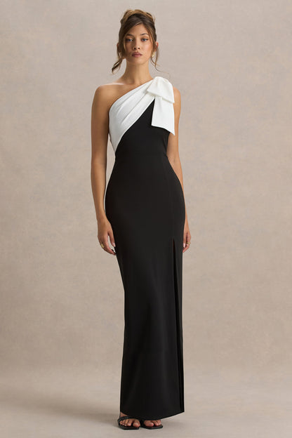 Kiri | Black & White One-Shoulder Bow Maxi Dress