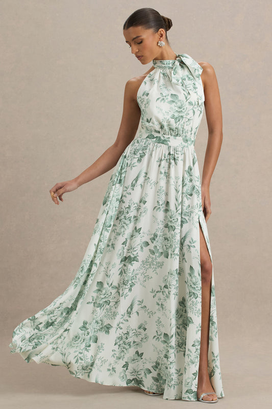 Talia | Green Floral Print High-Neck Maxi Dress With Front High Split