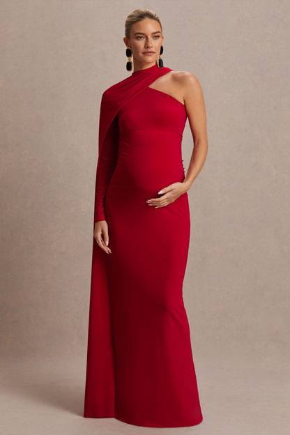 Tessy | Red Asymmetric-Neck Maternity Maxi Dress With Cape-Sleeve