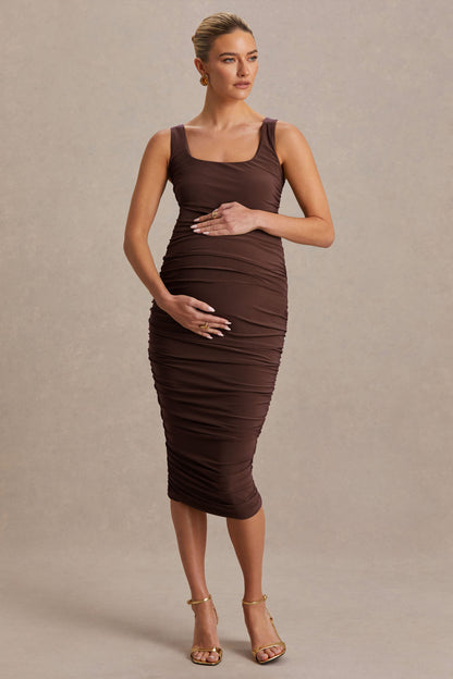 Lisbon | Brown Maternity Square Neck Ruched Midi Dress