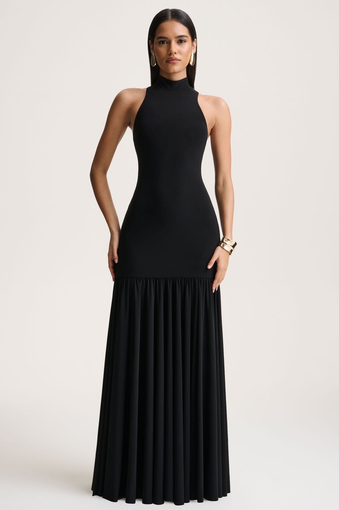 Tasmin | Black High-Neck Maxi Dress With Drop-Waist