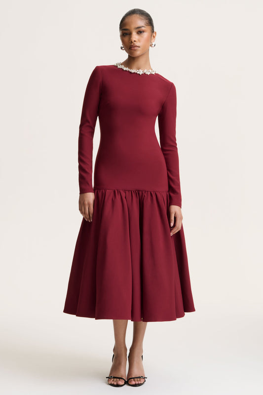 Jovana | Burgundy Hand-Embellished Crew-Neck Midi Dress With Drop Waist