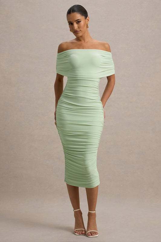 Rayleigh | Light Green Bardot Ruched Midi Dress
