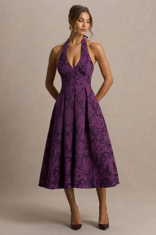 Isabeau | Purple Satin Plunge-Neck Midi Dress
