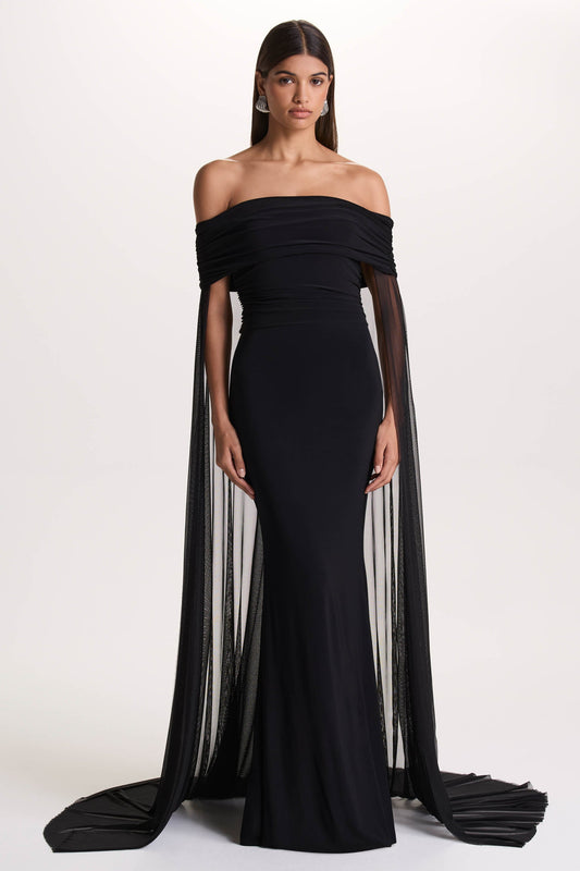 Carlotta | Black Bardot Maxi Dress With Chiffon Cape