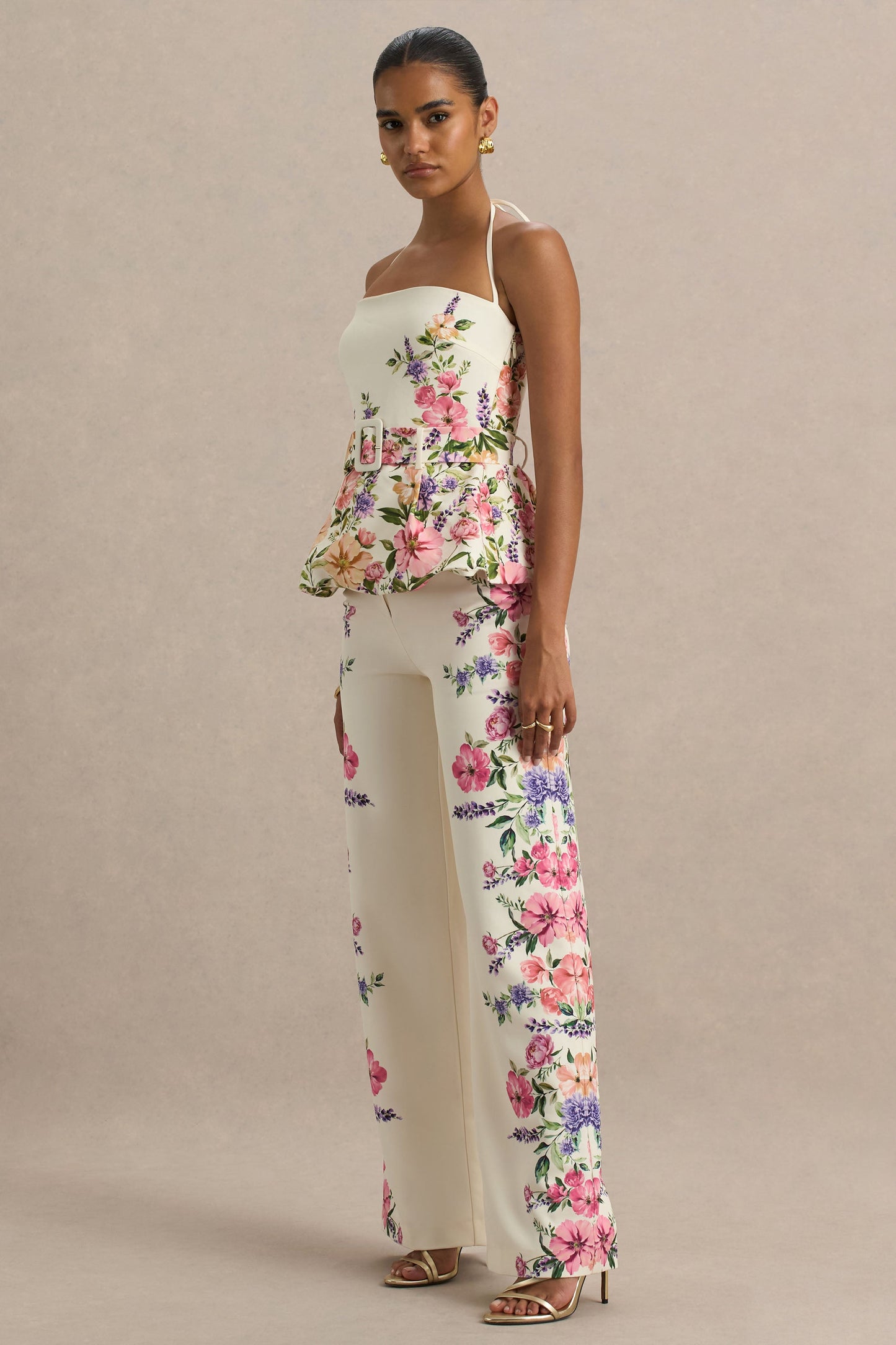 Solana | White Floral Border Print Wide-Leg Trousers