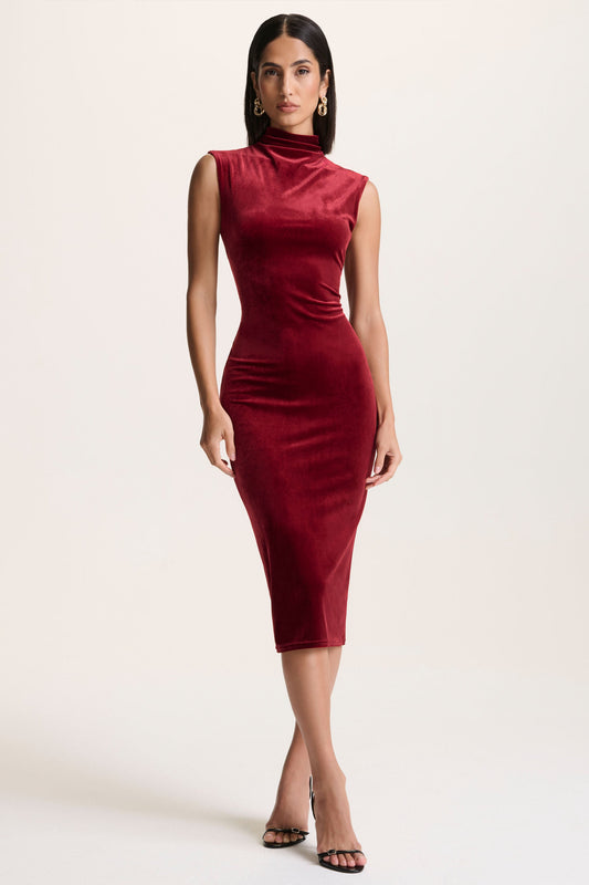 Nivina | Red Velvet High-Neck Midi Dress With Cap-Sleeves