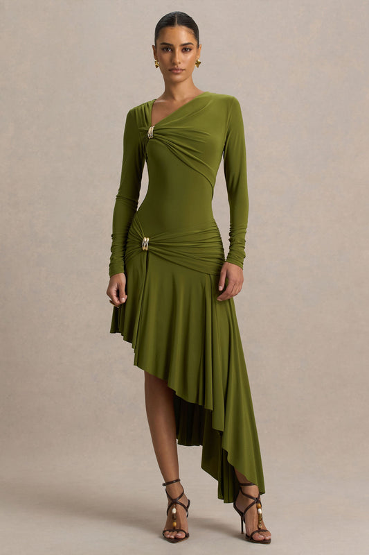 Alexia | Green Asymmetric-Neck Maxi Dress With Gold-Details