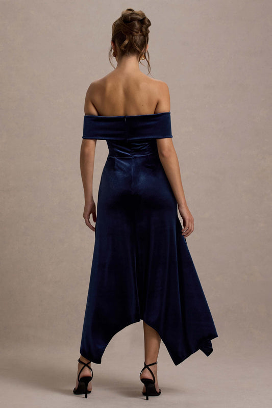 Halia | Navy Velvet Bardot Midi Dress
