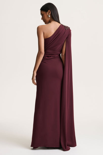 Solace | Dark Plum Asymmetric-Neck Maxi Dress With Front-High Split