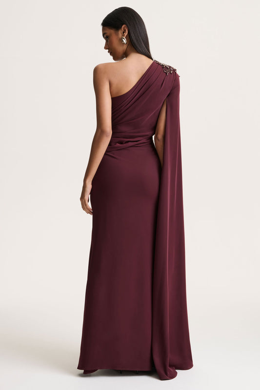 Solace | Dark Plum Asymmetric-Neck Maxi Dress With Front-High Split