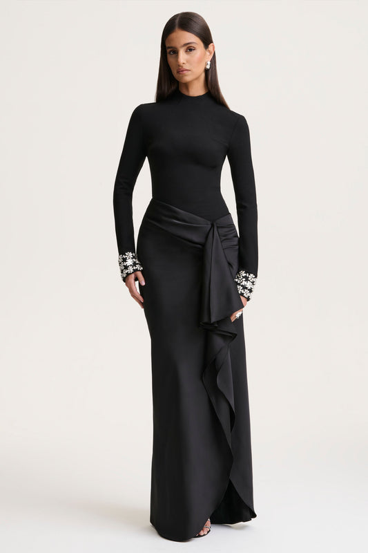 Starred | Black High-Neck Maxi Dress With Satin Wrap-Skirt And Embellished Cuffs