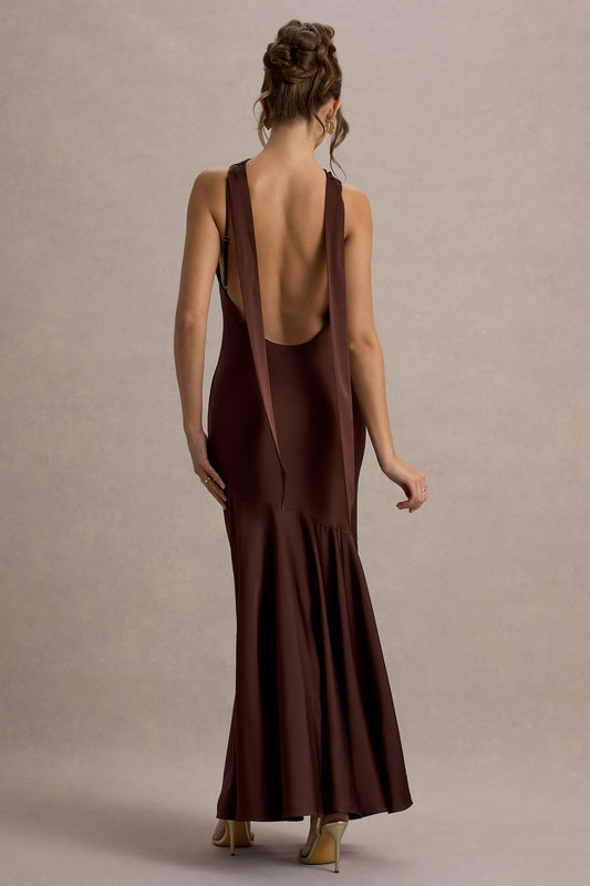 Amelita | Brown Satin Cowl-Neck Maxi Dress