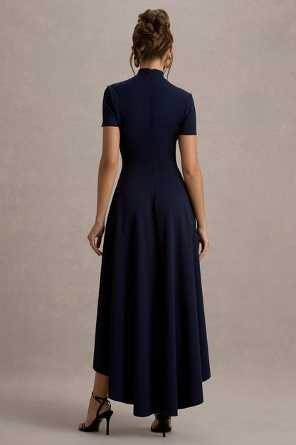Bellona | Navy High-Neck High-Low Midi Dress