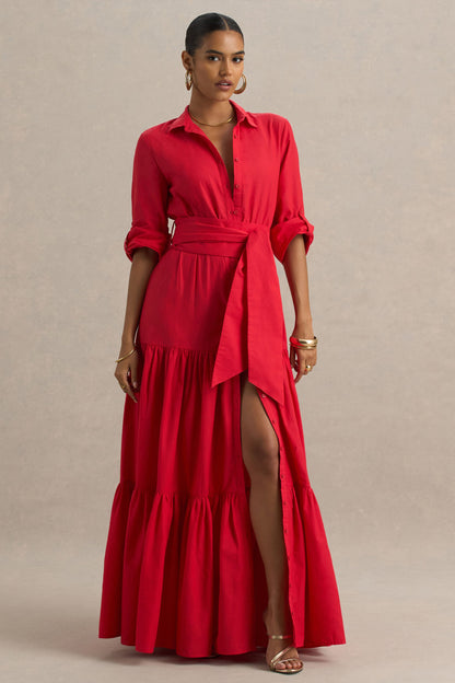 Sydney | Red Belted Maxi Shirt Dress