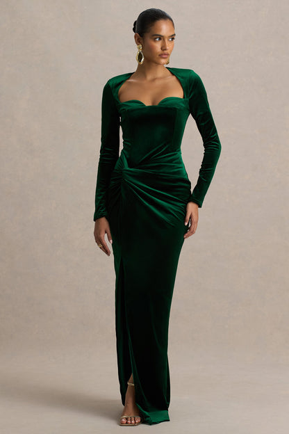 Fay | Bottle Green Velvet Corset Style Knot Maxi Dress