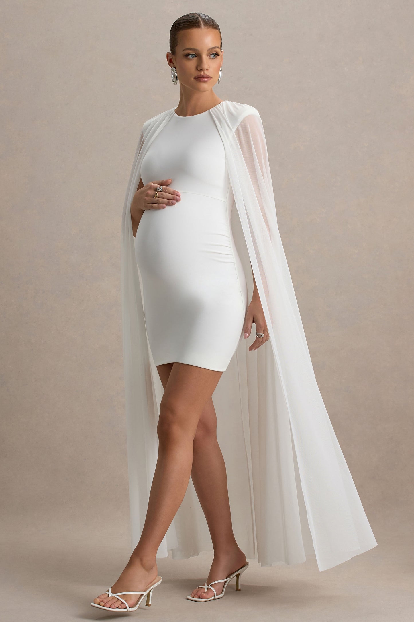 Charlene | White High-Neck Maternity Mini Dress With Mesh Cape