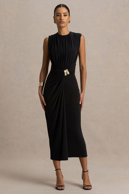 Harlow | Black Crew-Neck Wrapped Midi Dress