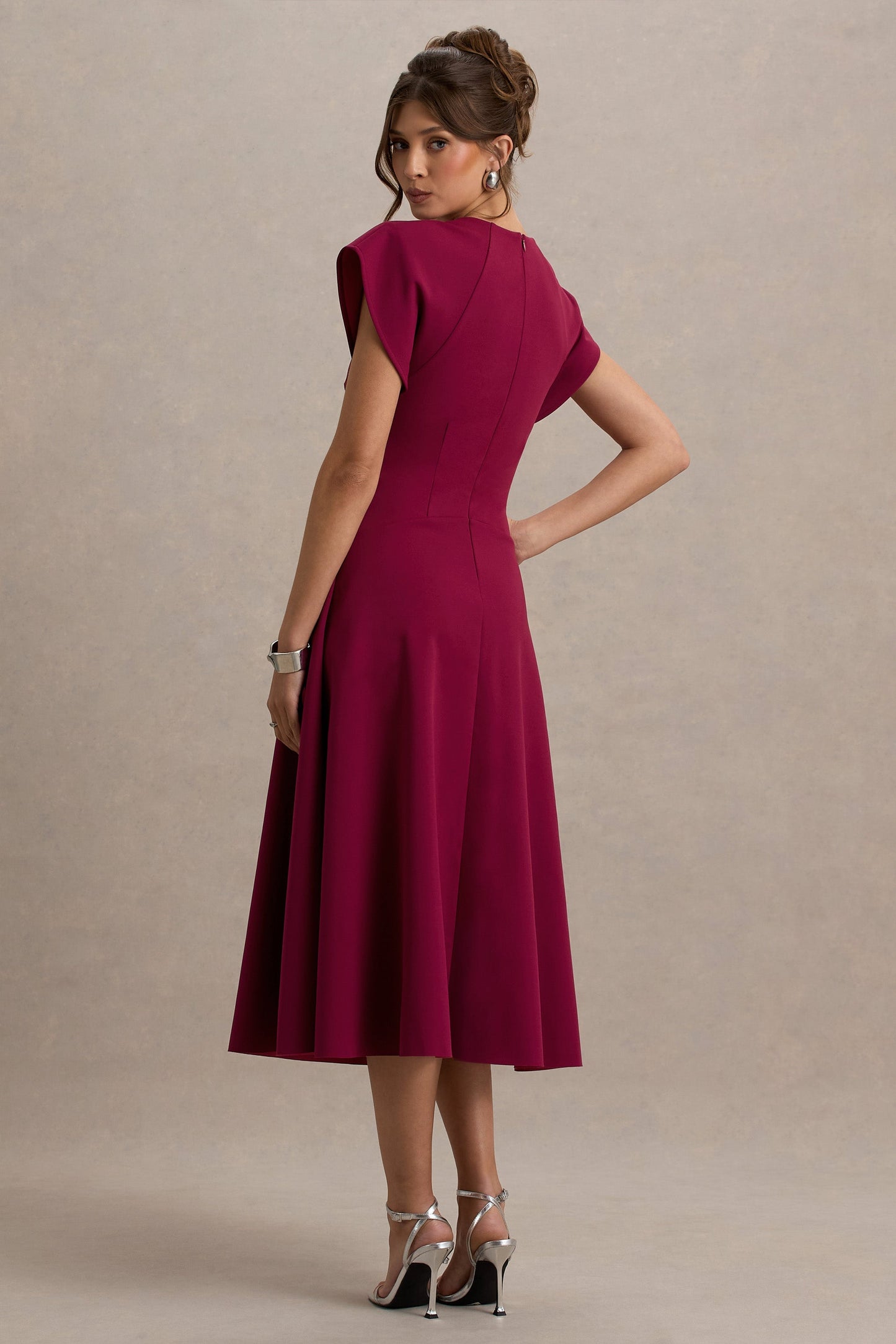 Linda | Dark Cherry Crew-Neck Cap-Sleeve Midi Dress