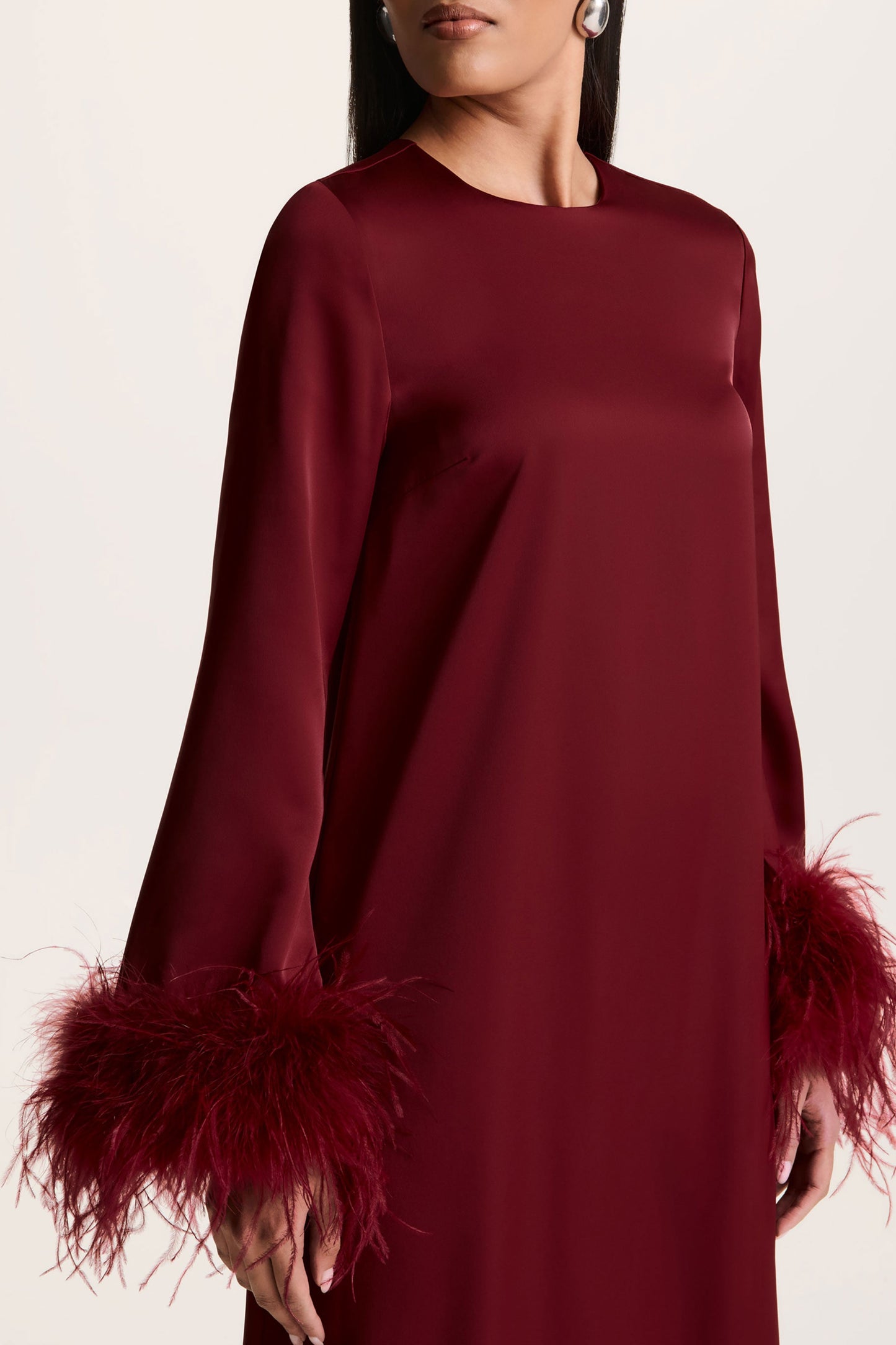 Adella | Burgundy Satin Feather-Trim Maxi Dress