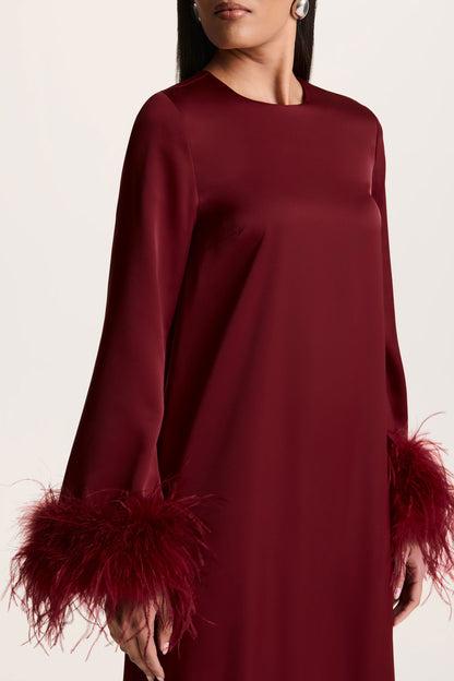 Adella | Burgundy Satin Feather-Trim Maxi Dress