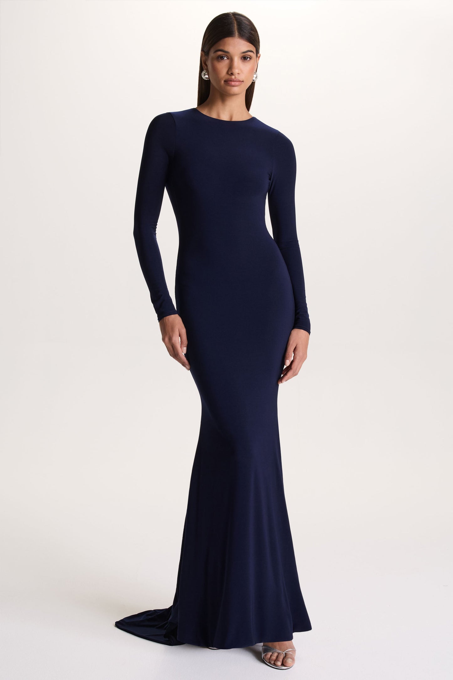 One Step Ahead | Navy Long Sleeve Backless Fishtail Maxi Dress
