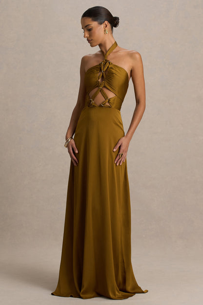 Aleera | Olive Chiffon Halter-Neck Maxi Dress With Cut-Out Detail