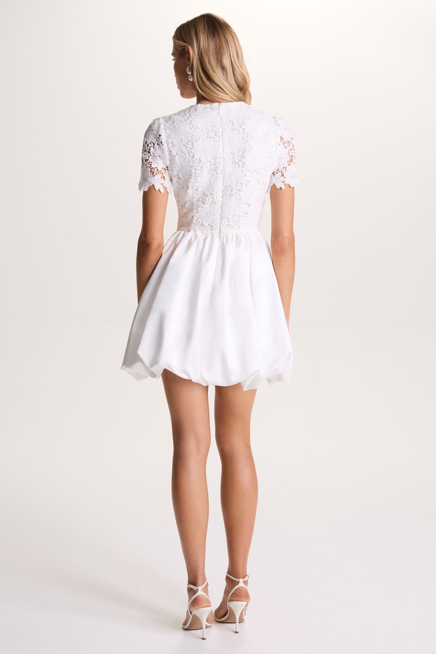 Taffy | White Lace Mini Dress With Satin Puffball Skirt
