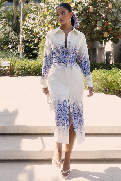 Zephy | Wisteria Print Belted Shirt Midi Dress