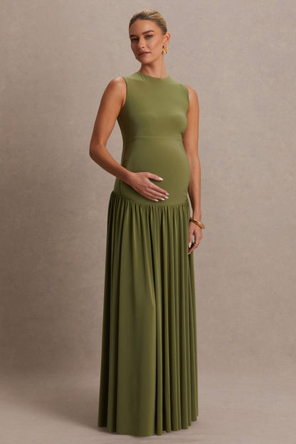 Outline | Olive Crew-Neck Maternity Maxi Dress With Pleated Skirt