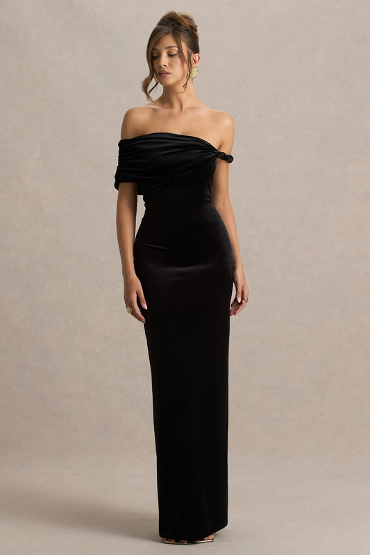 Poised | Black Velvet Bardot-Neck Maxi Dress With Twist-Sleeve