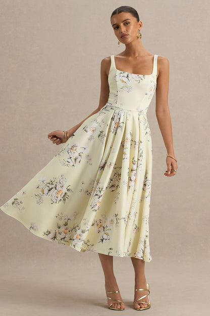 Lissa | Lemon Floral Bouquet Print Square-Neck Midi Dress
