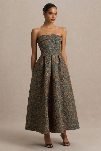 Loretta | Dark Green And Rust Embroidered Bandeau Midi Dress