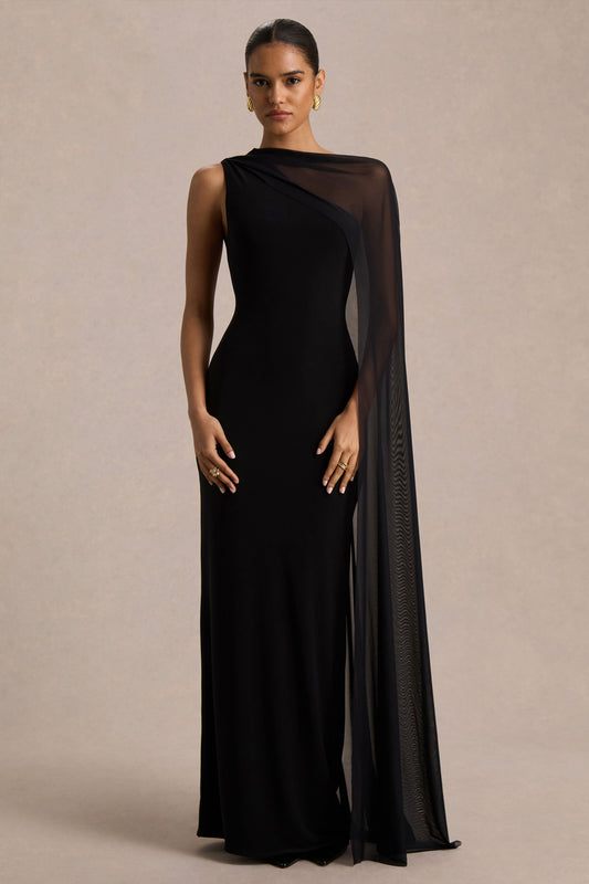 Mirelle | Black Asymmetric-Neck Maxi Dress With Sheer Cape-Sleeve
