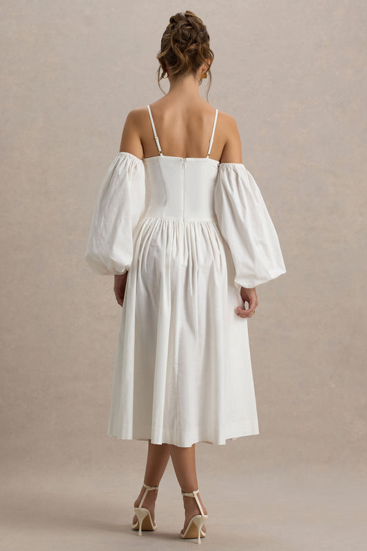 Macie | Cream Sweetheart Midi Dress With Balloon Sleeves