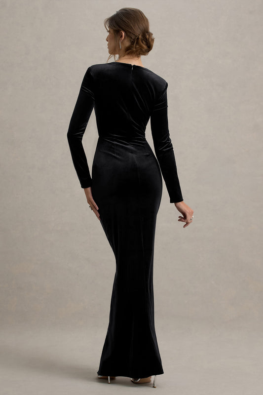 Fay | Black Velvet Corset Style Knot Maxi Dress