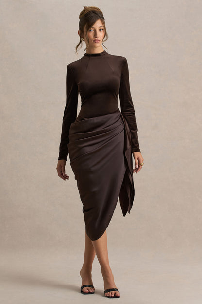 Sasha | Brown Satin And Velvet Midi Dress With Wrap-Detail