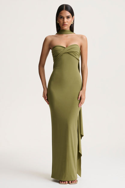 Sheila | Olive Bandeau Maxi Dress With Scarf Detail