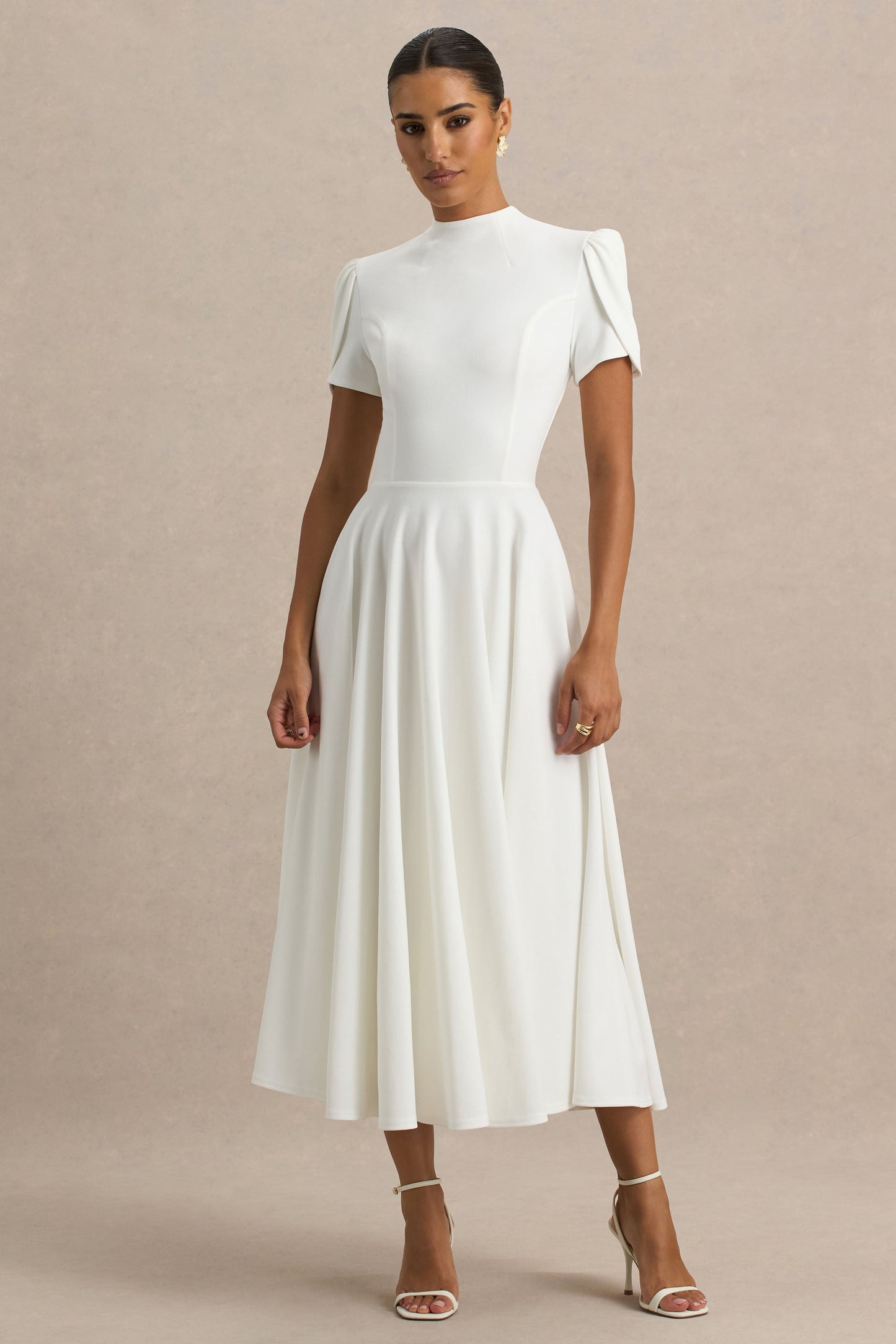 Vicky | White High Neck Midi Dress With Puff Sleeves
