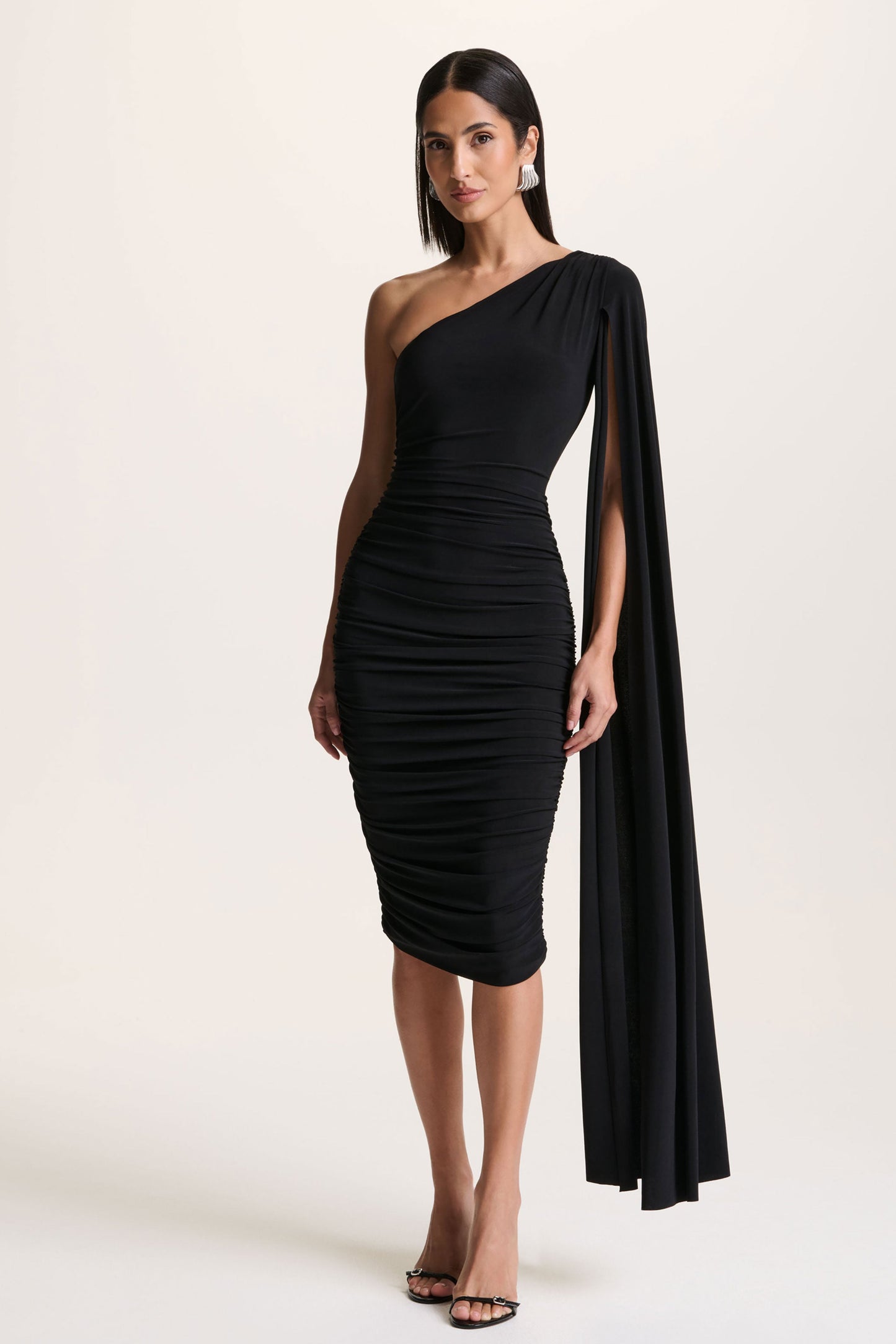 Yara | Black One Shoulder Cape Ruched Midi Dress