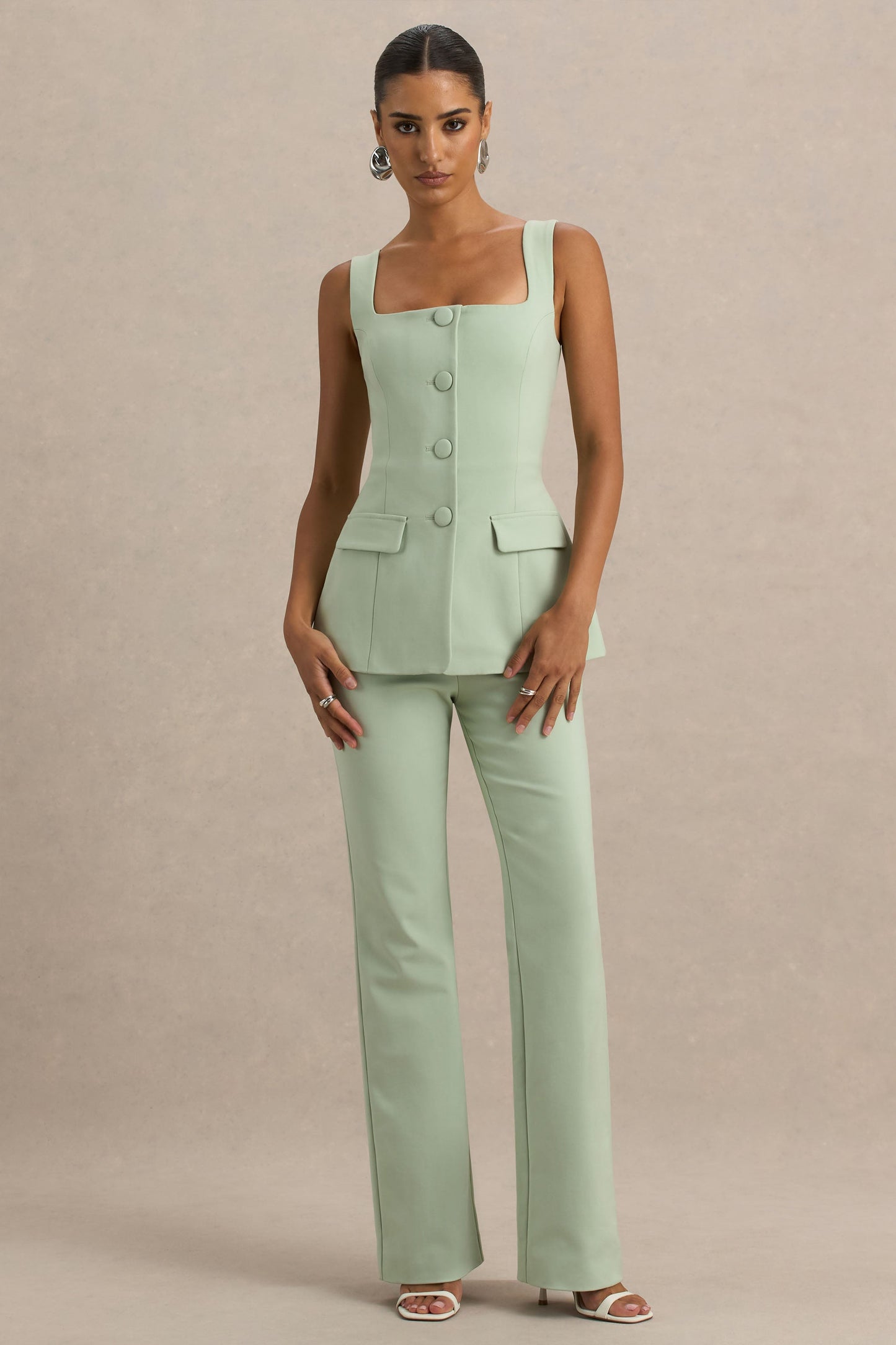 Aceline | Light Green Square-Neck Tailored Jumpsuit