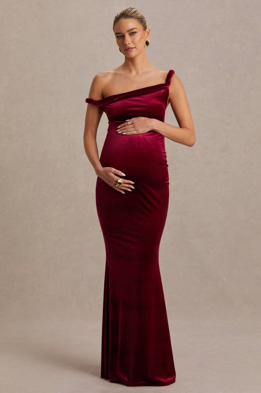 Tallulah | Burgundy Velvet Asymmetric-Neck Maternity Maxi Dress With Twist-Sleeve