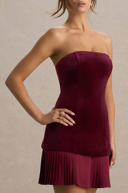 Valentina | Burgundy Velvet Bandeau Mini Dress With Pleated Detailing