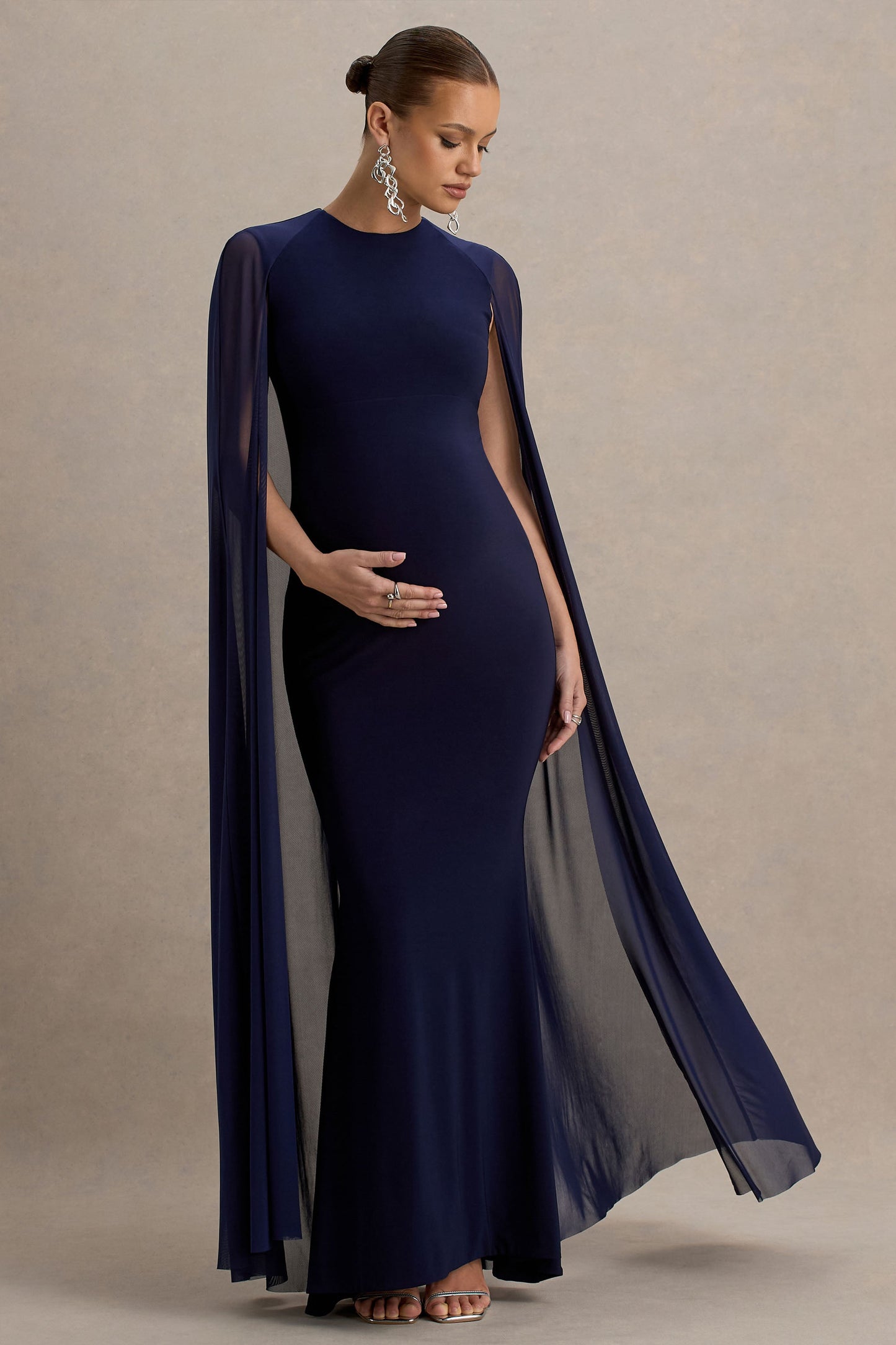 Currant | Navy Crew-Neck Maternity Maxi Dress With Cape